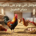 صورة غلاف تُظهر دجاج تفريخ داخل حظيرة مع نص بارز يوضح العوامل التي تؤثر على خصوبة دجاج التفريخ