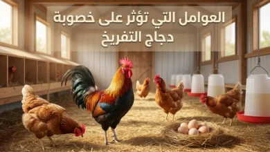 صورة غلاف تُظهر دجاج تفريخ داخل حظيرة مع نص بارز يوضح العوامل التي تؤثر على خصوبة دجاج التفريخ