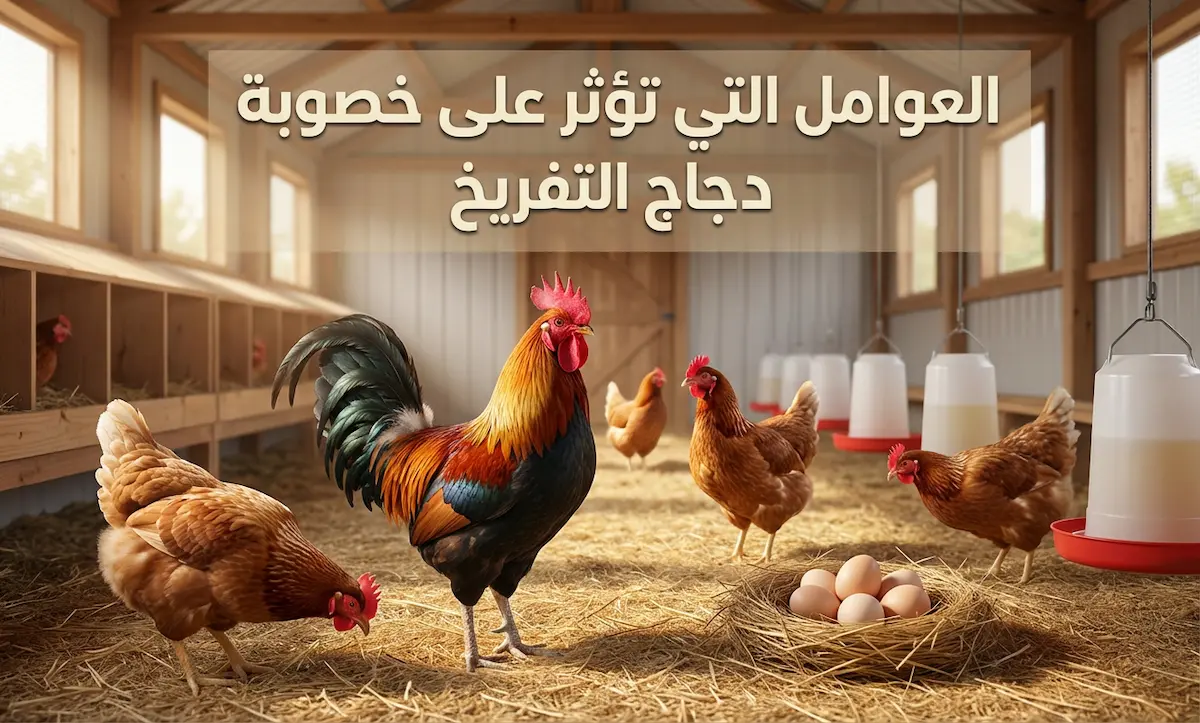 صورة غلاف تُظهر دجاج تفريخ داخل حظيرة مع نص بارز يوضح العوامل التي تؤثر على خصوبة دجاج التفريخ