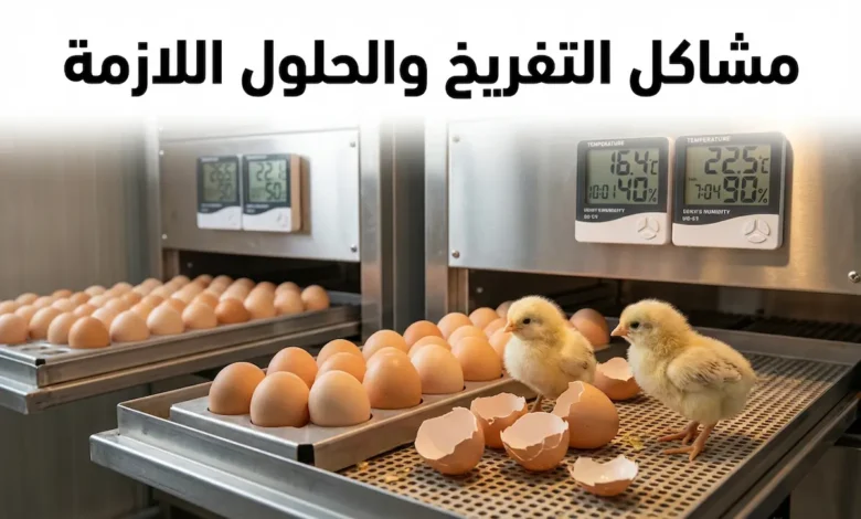 صورة غلاف مقالة مشاكل التفريخ والحلول اللازمة تظهر حاضنة بيض دواجن حديثة مع كتاكيت حديثة الفقس وأجهزة مراقبة الحرارة والرطوبة