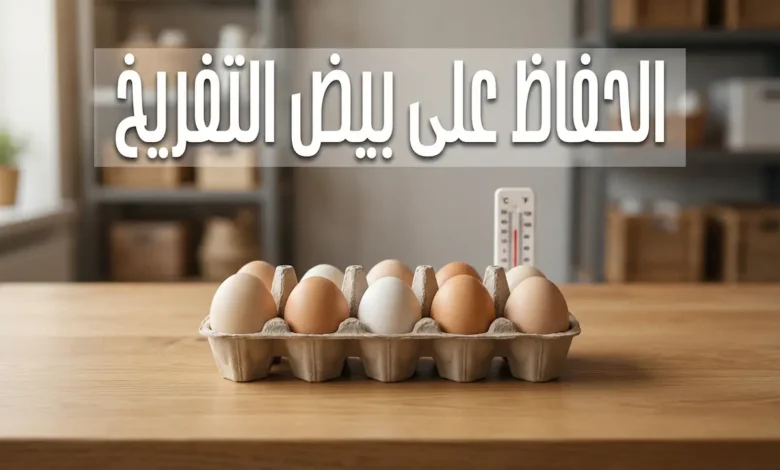 بيض تفريخ مخصب مرتب في صينية كرتونية على طاولة خشبية مع ميزان حرارة في الخلفية - الحفاظ على بيض التفريخ