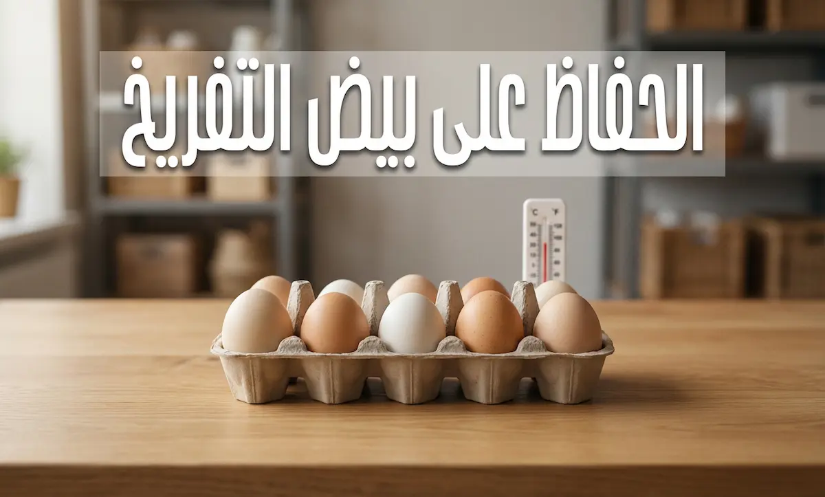 بيض تفريخ مخصب مرتب في صينية كرتونية على طاولة خشبية مع ميزان حرارة في الخلفية - الحفاظ على بيض التفريخ