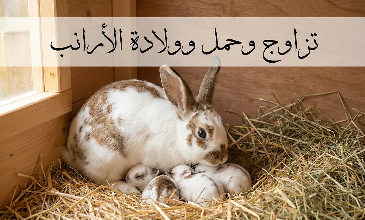 أرنبة أم مع صغارها حديثي الولادة في عش من القش - دليل شامل عن تزاوج وحمل وولادة الأرانب