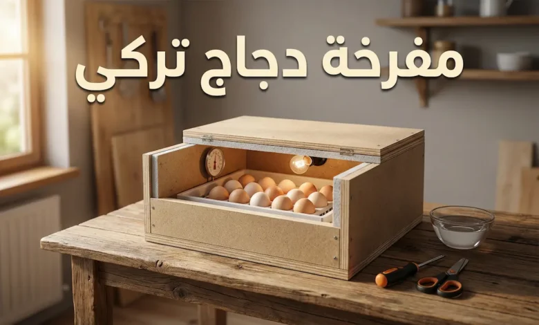 مفرخة دجاج تركي منزلية الصنع مفتوحة الغطاء تظهر بداخلها البيض ومصباح التدفئة ومقياس الحرارة على طاولة خشبية مع أدوات التصنيع