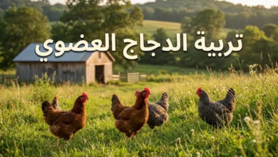 صورة غلاف تربية الدجاج العضوي - دجاجات حرة تتجول في مزرعة خضراء مستدامة وصديقة للبيئة
