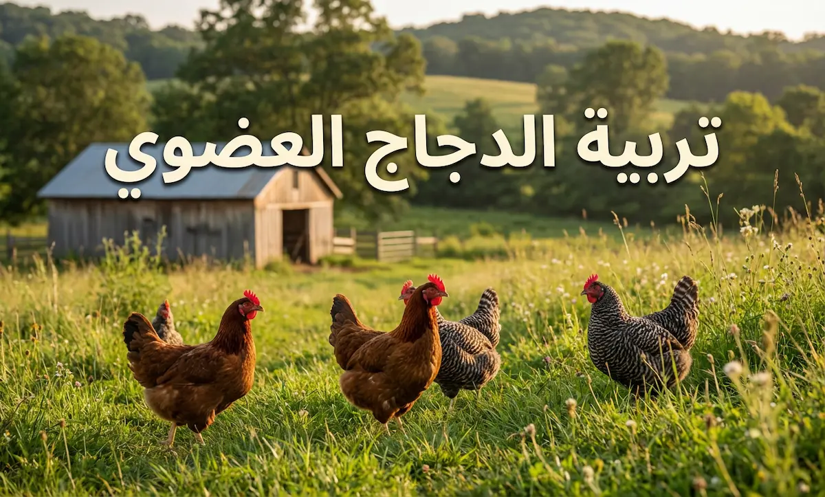 صورة غلاف تربية الدجاج العضوي - دجاجات حرة تتجول في مزرعة خضراء مستدامة وصديقة للبيئة