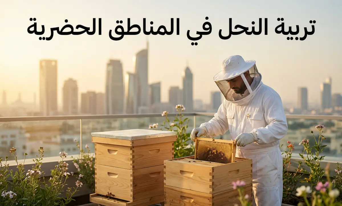 نحّال يرتدي بدلة حماية بيضاء يرعى خلايا نحل على سطح بناية في مدينة حضرية مع نص تربية النحل في المناطق الحضرية