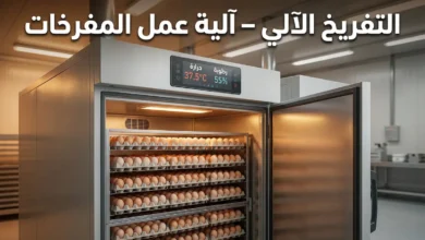 مفرخة دواجن آلية حديثة مفتوحة تظهر أدراج البيض ولوحة التحكم الرقمية مع عنوان التفريخ الآلي آلية عمل المفرخات