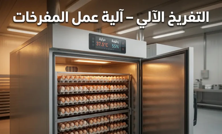 مفرخة دواجن آلية حديثة مفتوحة تظهر أدراج البيض ولوحة التحكم الرقمية مع عنوان التفريخ الآلي آلية عمل المفرخات