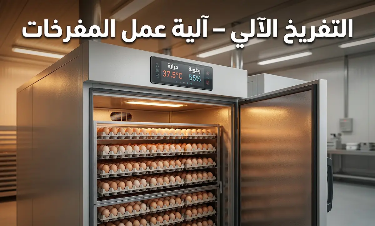 مفرخة دواجن آلية حديثة مفتوحة تظهر أدراج البيض ولوحة التحكم الرقمية مع عنوان التفريخ الآلي آلية عمل المفرخات