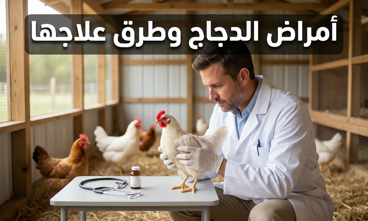 طبيب بيطري يفحص دجاجة داخل حظيرة نظيفة مع أدوات فحص بيطرية - غلاف مقالة أمراض الدجاج وطرق علاجها