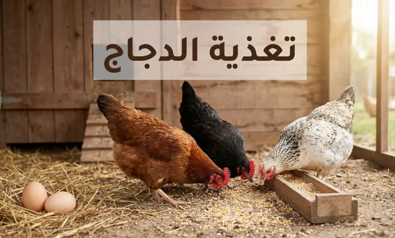دجاجات صحية تتغذى على العلف داخل حظيرة نظيفة مع بيض طازج على القش - تغذية الدجاج من أجل إنتاج البيض