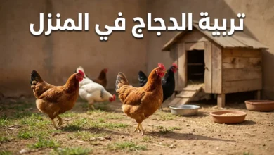 تربية الدجاج في المنزل - مجموعة من الدجاج البلدي تتجول في فناء منزل مع حظيرة خشبية صغيرة وأوعية علف وماء