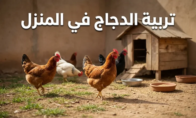تربية الدجاج في المنزل - مجموعة من الدجاج البلدي تتجول في فناء منزل مع حظيرة خشبية صغيرة وأوعية علف وماء