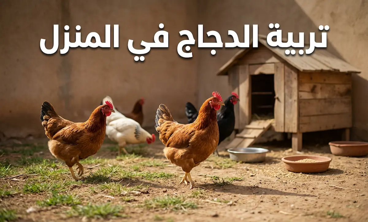 تربية الدجاج في المنزل - مجموعة من الدجاج البلدي تتجول في فناء منزل مع حظيرة خشبية صغيرة وأوعية علف وماء