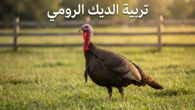 ديك رومي بالغ يقف في مزرعة خضراء مفتوحة مع عبارة تربية الديك الرومي - صورة غلاف مقالة شاملة عن تربية الديك الرومي