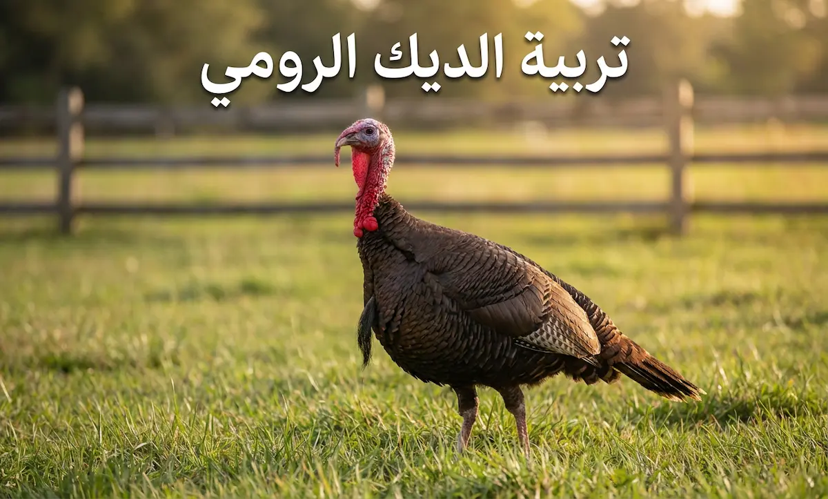 ديك رومي بالغ يقف في مزرعة خضراء مفتوحة مع عبارة تربية الديك الرومي - صورة غلاف مقالة شاملة عن تربية الديك الرومي