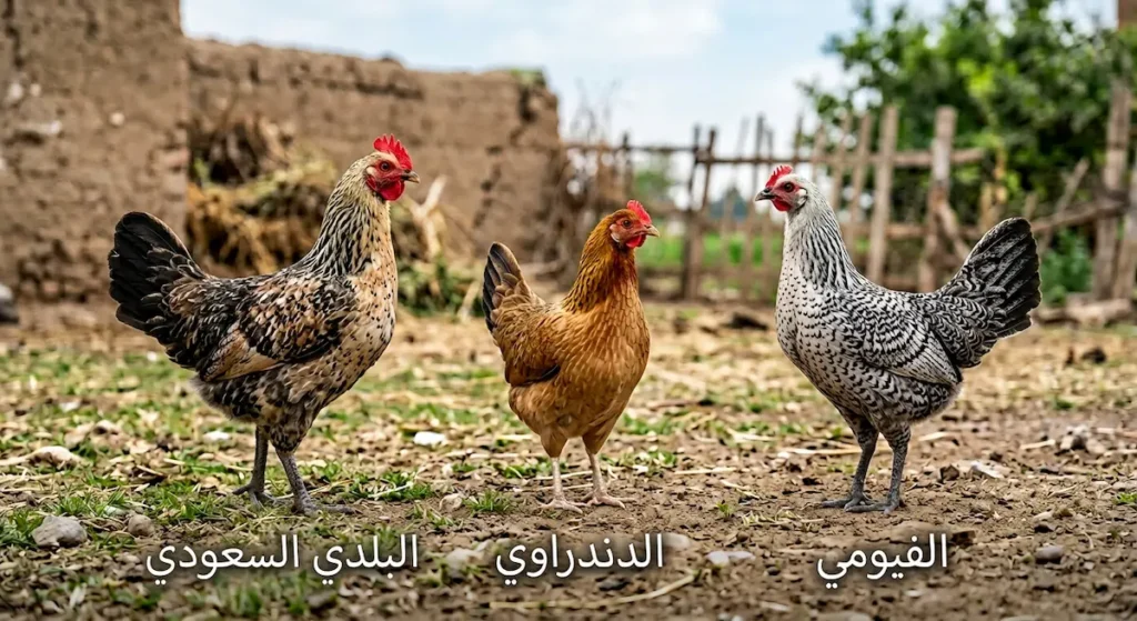 ثلاث سلالات من الدجاج البلدي العربي الأصيل مرتبة من اليمين إلى اليسار الفيومي الفضي والدندراوي البني الذهبي والبلدي السعودي متنوع الألوان
