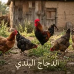 مجموعة من الدجاج البلدي الأصيل بألوان متنوعة تتجول في فناء مزرعة ريفية عربية مع ديك بلدي بعرف أحمر وعبارة الدجاج البلدي مكتوبة بخط عربي أنيق