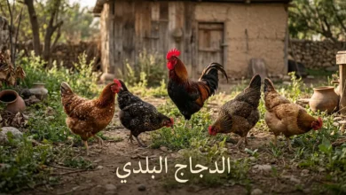 مجموعة من الدجاج البلدي الأصيل بألوان متنوعة تتجول في فناء مزرعة ريفية عربية مع ديك بلدي بعرف أحمر وعبارة الدجاج البلدي مكتوبة بخط عربي أنيق