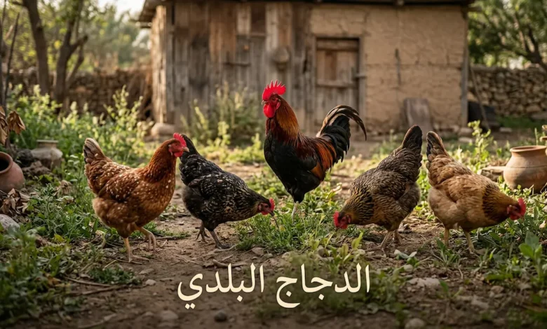 مجموعة من الدجاج البلدي الأصيل بألوان متنوعة تتجول في فناء مزرعة ريفية عربية مع ديك بلدي بعرف أحمر وعبارة الدجاج البلدي مكتوبة بخط عربي أنيق