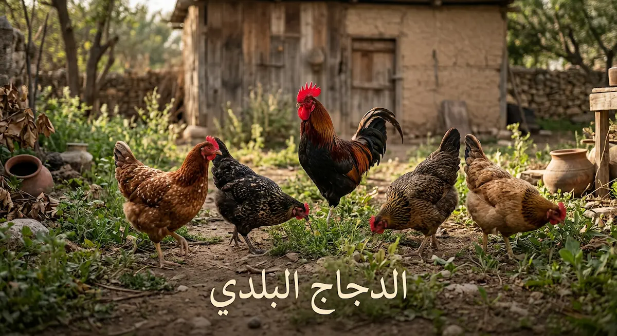 مجموعة من الدجاج البلدي الأصيل بألوان متنوعة تتجول في فناء مزرعة ريفية عربية مع ديك بلدي بعرف أحمر وعبارة الدجاج البلدي مكتوبة بخط عربي أنيق
