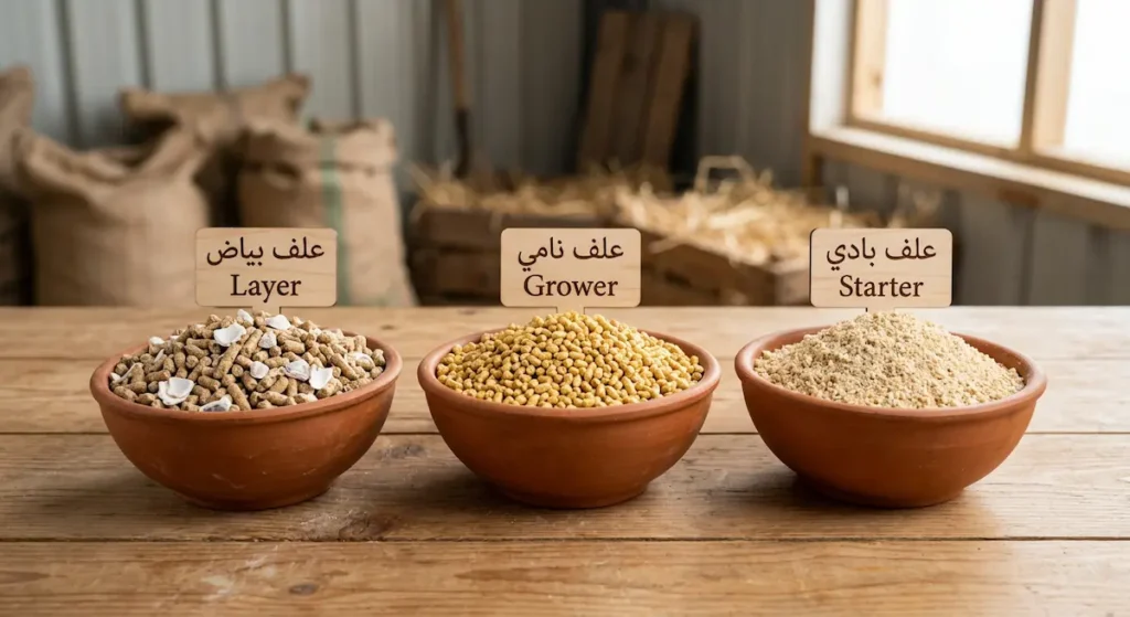 ثلاثة أوعية تحتوي أنواع العلف المختلفة مرتبة من اليمين علف بادي ناعم ثم علف نامي متوسط ثم علف بياض مع قطع الصدف