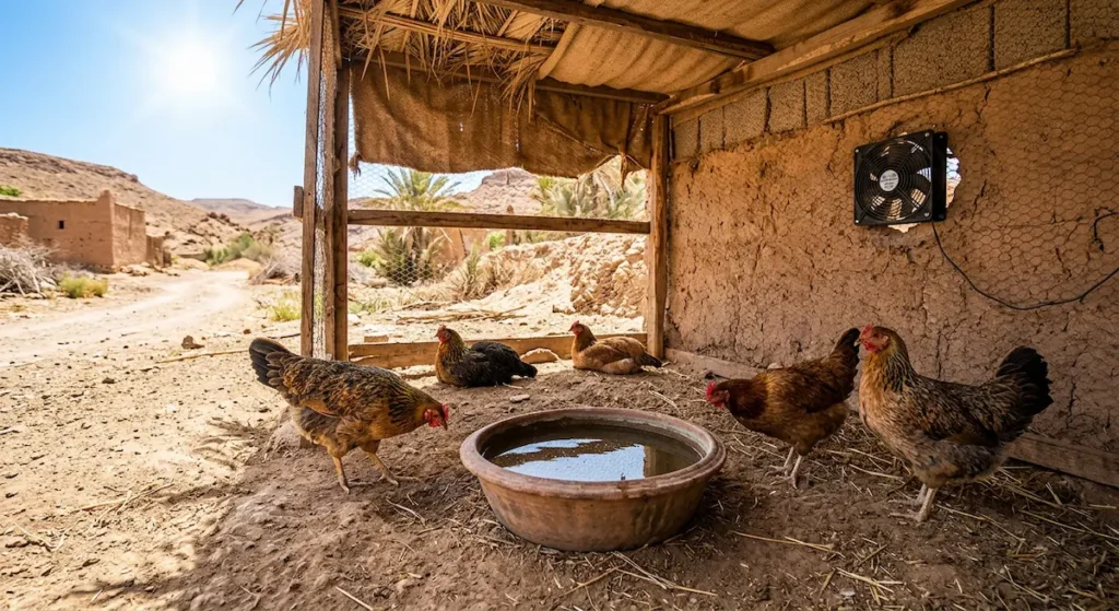 دجاج بلدي يقف تحت مظلة في منطقة ظل مع مسقى ماء كبير ومروحة تهوية في حظيرة بمناخ حار صحراوي