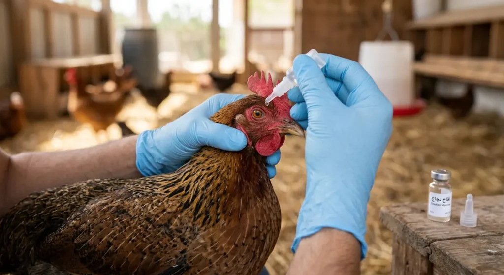 يد بقفاز طبي أزرق تُعطي قطرة لقاح في عين دجاجة بلدية بالغة باستخدام قطارة بلاستيكية مع زجاجة لقاح ظاهرة
