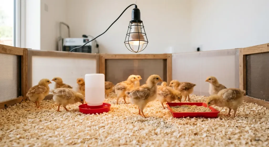 كتاكيت بلدية صغيرة بريش زغبي أصفر وبني موزعة بانتظام على فرشة نشارة خشب نظيفة تحت مصباح تدفئة مع مسقى وصينية علف