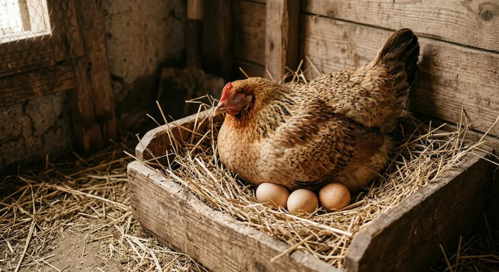 دجاجة بلدية بنية منفوشة الريش جالسة في وضع الرقاد على بيض داخل عش خشبي مملوء بالقش في زاوية هادئة