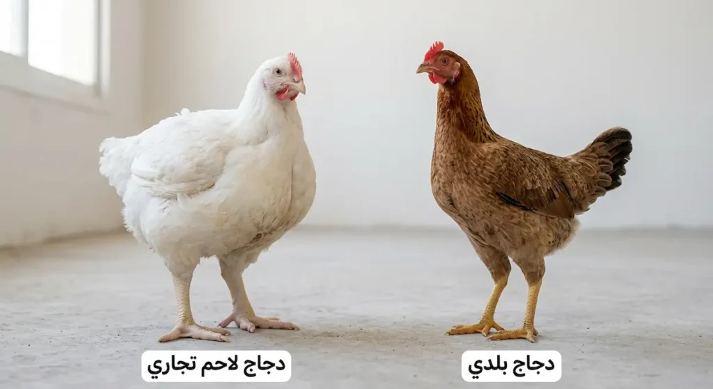 مقارنة بصرية بين دجاجة بلدية رشيقة بنية اللون على اليمين ودجاجة لاحم تجارية بيضاء ضخمة على اليسار توضح الفرق الواضح في الحجم والشكل