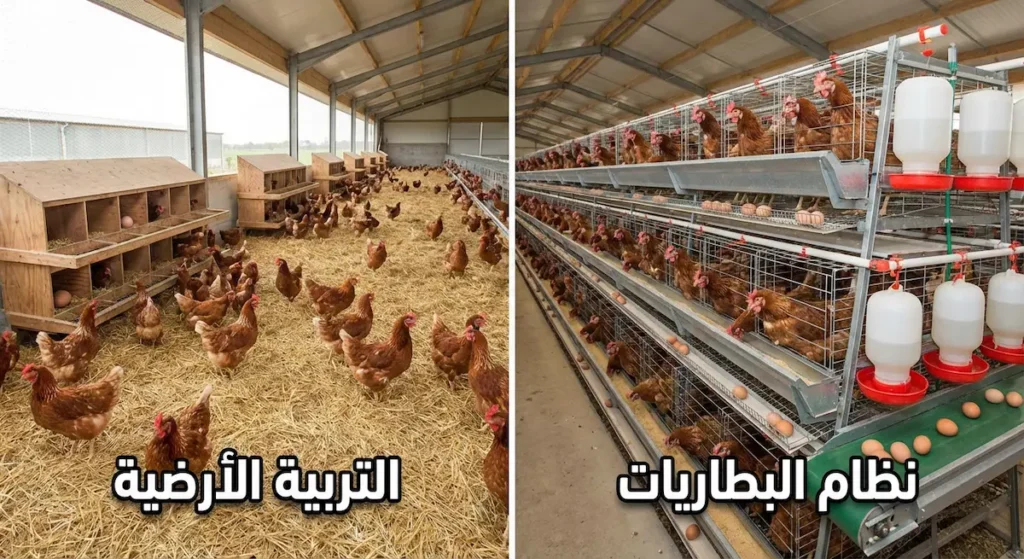 مقارنة بين نظام تربية الدجاج البياض في البطاريات المعدنية ونظام التربية الأرضية الحرة