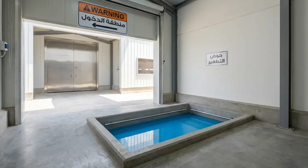  مدخل حظيرة دواجن مُجهَّز بحوض تطهير الأقدام الممتلئ بمحلول مطهر أزرق ولافتة تحذيرية