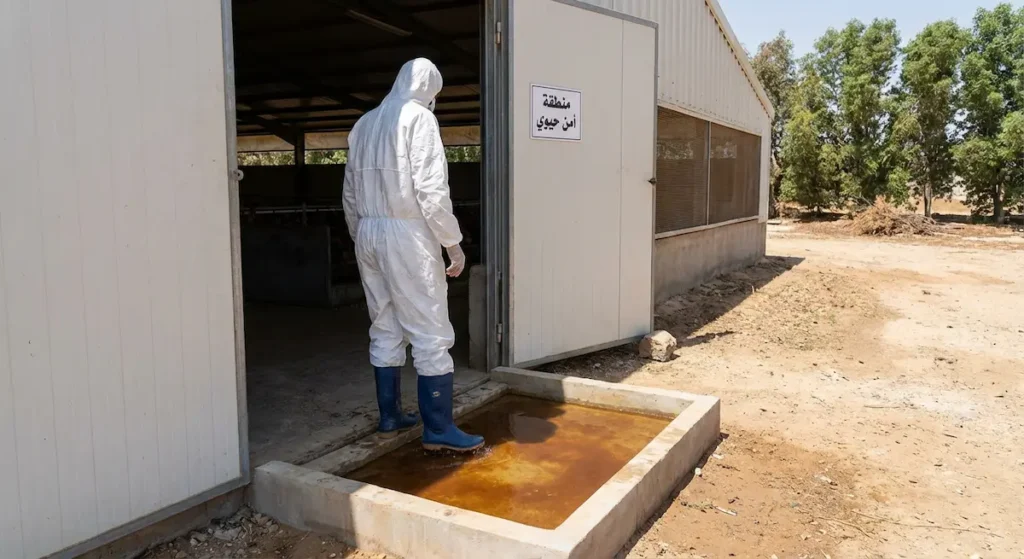 عامل مزرعة يرتدي بدلة حماية بيضاء وحذاء مطاطي يقف عند حوض تطهير الأحذية أمام مدخل عنبر دواجن مع لافتة منطقة أمن حيوي