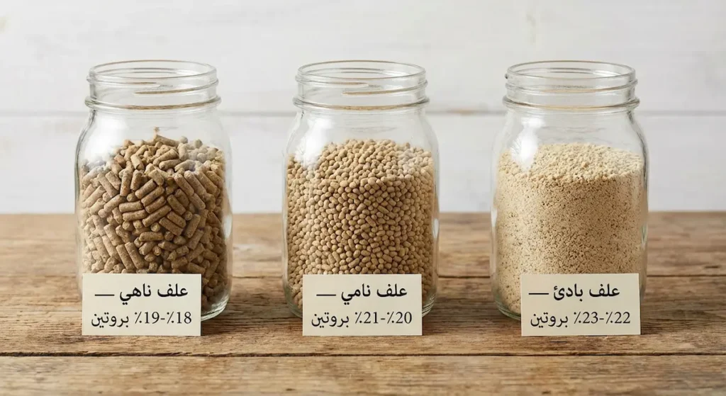  ثلاثة أنواع من علف الدجاج اللاحم مرتّبة من اليمين: العلف البادئ الناعم ثم النامي بحبيبات صغيرة ثم الناهي بحبيبات كبيرة مع نسب البروتين لكل مرحلة