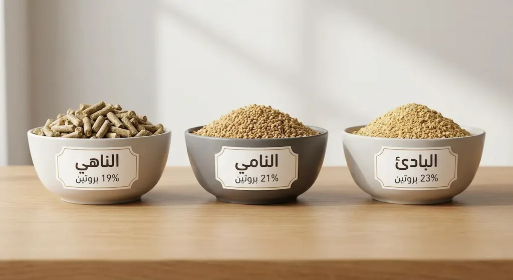 ثلاثة أنواع من علف الدجاج الأبيض تمثل مراحل التغذية: البادئ والنامي والناهي مع نسب البروتين