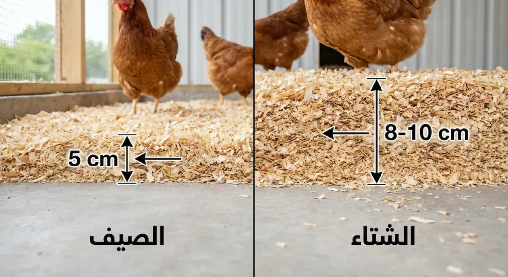 مقارنة بين سماكة فرشة عنبر الدجاج في الشتاء والصيف توضح الفرق بين 8-10 سم و5 سم