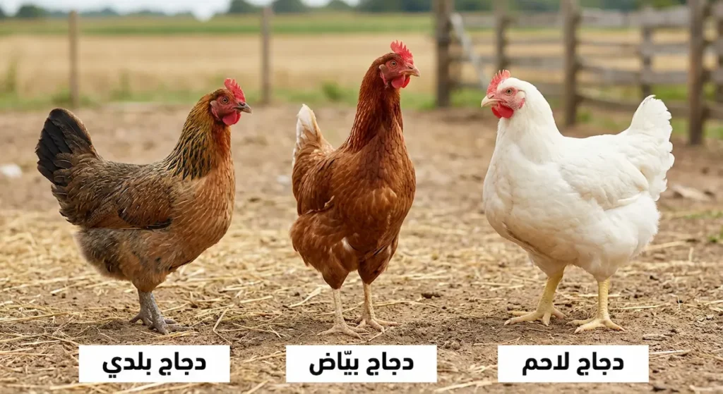 مقارنة بصرية بين ثلاثة أنواع من الدجاج: اللاحم الأبيض الممتلئ والبيّاض البُنّي النحيل والبلدي الملوّن متوسط الحجم