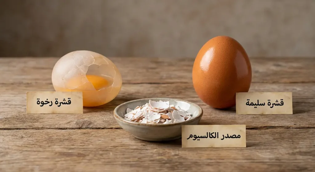 مقارنة بين بيضة ذات قشرة بنية سليمة وبيضة ذات قشرة رخوة متشققة بجانب وعاء محار مطحون كمصدر للكالسيوم
