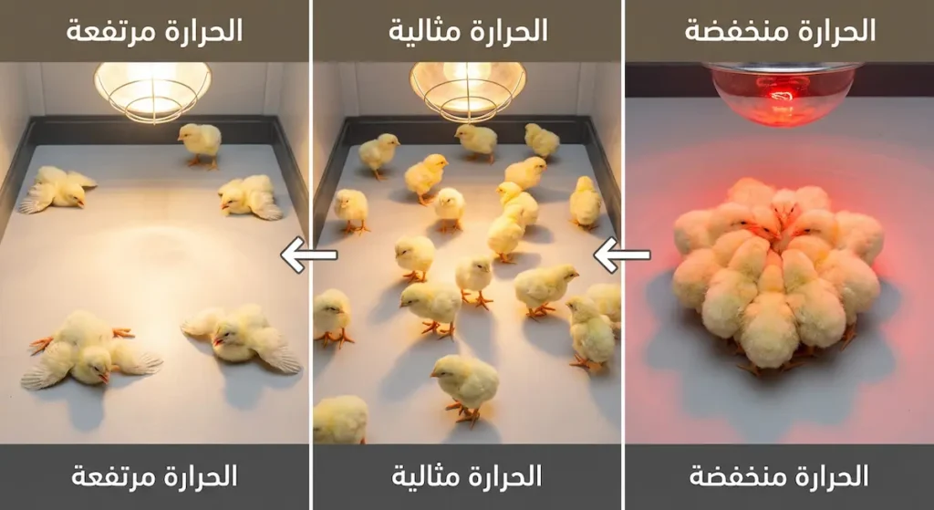 ثلاثة أنماط لسلوك الكتاكيت تدل على درجة الحرارة: تكدس يعني برودة، توزيع منتظم يعني حرارة مثالية، ابتعاد يعني حرارة مرتفعة