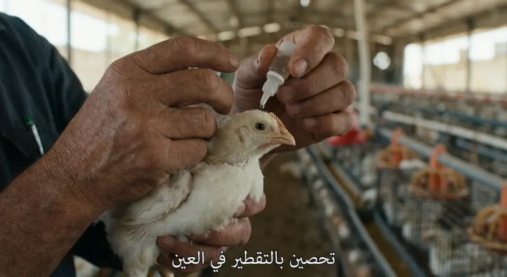  يد عامل تُحصّن كتكوتاً صغيراً بقطرة لقاح في العين باستخدام قطّارة بلاستيكية — تقنية التقطير في العين للتحصين ضد مرض نيوكاسل