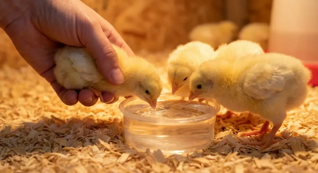 يد مربٍّ تغمس منقار كتكوت أصفر صغير عمره يوم واحد في مسقاة ماء فاتر داخل حظيرة تربية دافئة بجانب كتاكيت أخرى تشرب