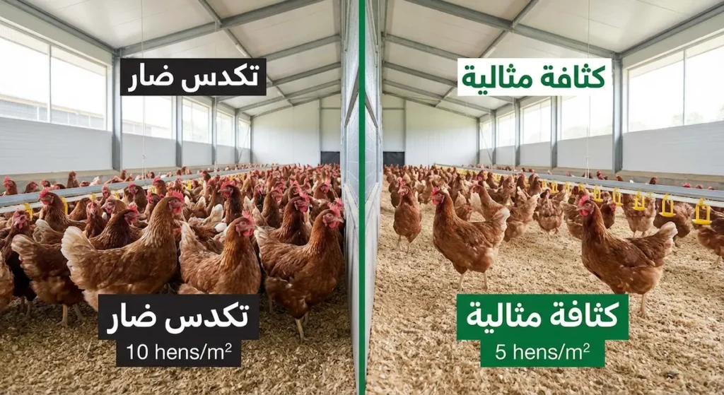 صورة مقارنة تُظهر قسمين في حظيرة دواجن القسم الأيمن بكثافة مثالية 5 دجاجات في المتر المربع والقسم الأيسر بتكدس ضار 10 دجاجات في المتر المربع