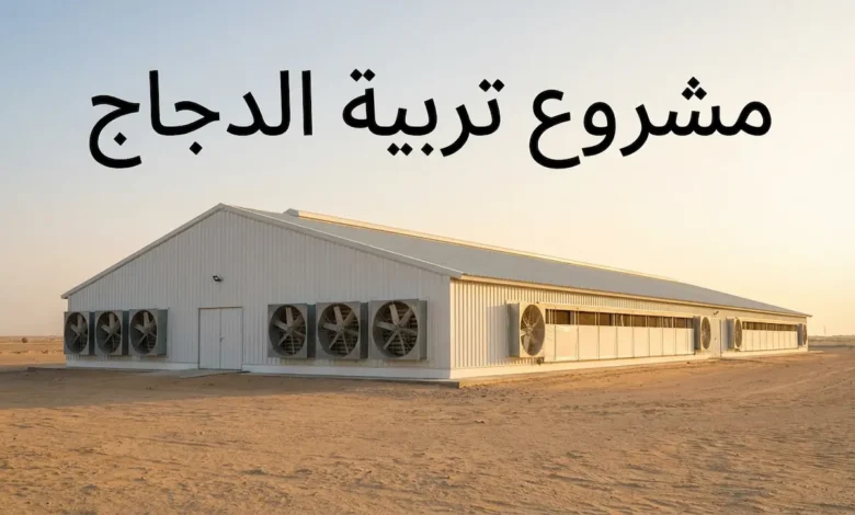 عنبر دواجن تجاري حديث في بيئة صحراوية عربية مع عنوان مشروع تربية الدجاج