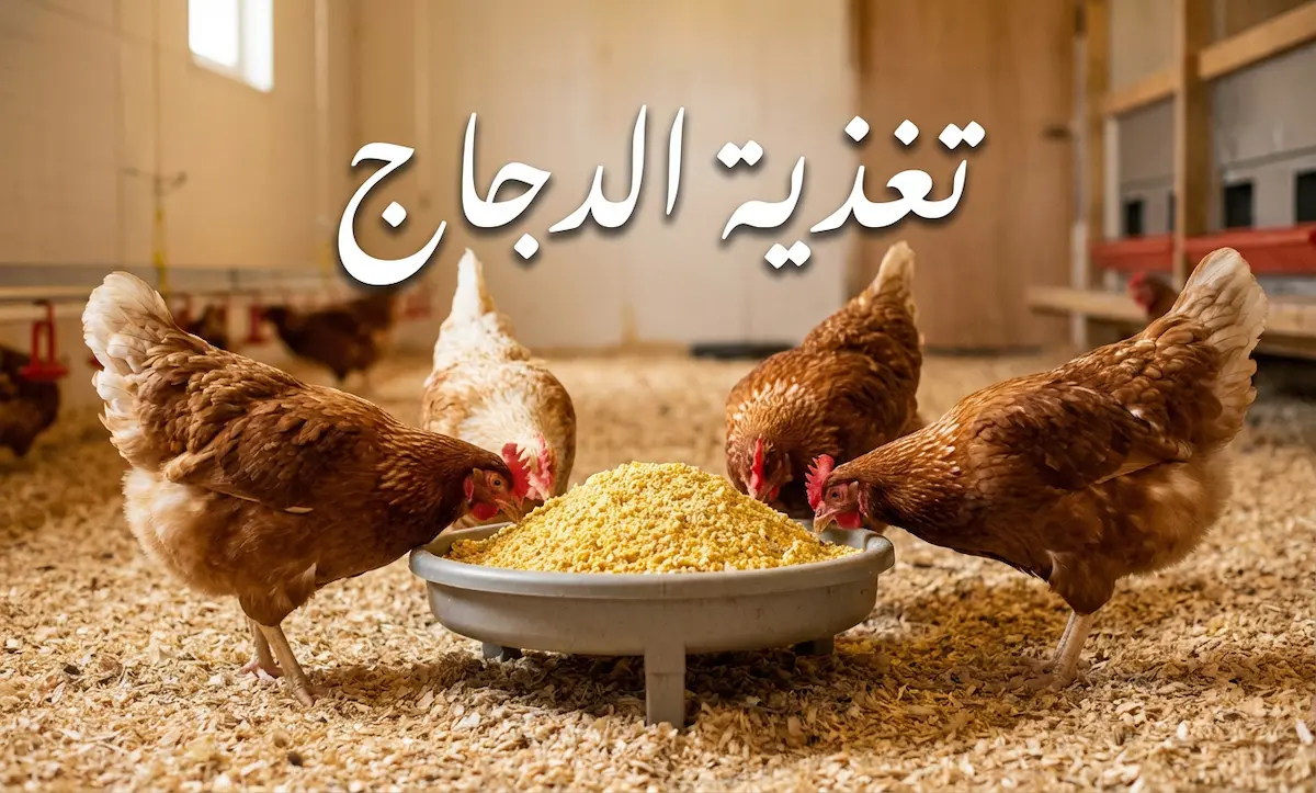 مجموعة دجاجات بالغة بألوان بنية وبيضاء تأكل من معلفة دائرية ممتلئة بالعلف داخل حظيرة نظيفة مع عبارة تغذية الدجاج