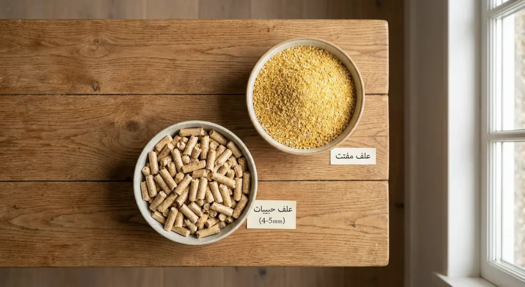 مقارنة بصرية بين وعاء علف مفتت ناعم مناسب للكتاكيت ووعاء علف حبيبات كبيرة على سطح طاولة خشبية