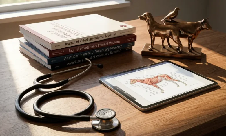 مكتب طبي بيطري يضم سماعة طبيب، مجلات علمية، وجهاز لوحي مع مجسمات معدنية لكلب وطائر وبقرة، يمثل هيئة التحرير العلمية لموقع داجنة.