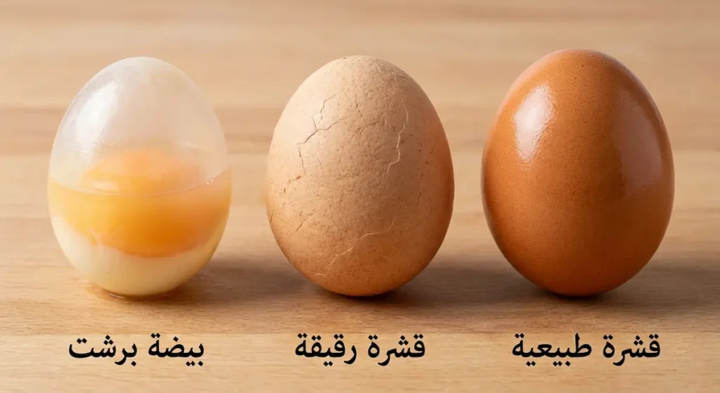  مقارنة بين بيضة ذات قشرة طبيعية سميكة وبيضة ذات قشرة رقيقة وبيضة برشت بدون قشرة صلبة