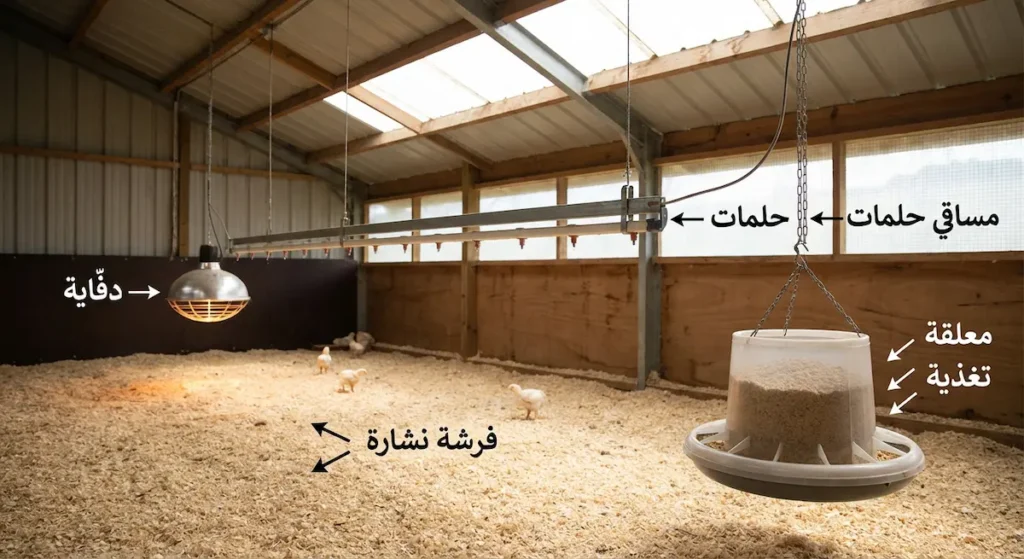  المعدات الأساسية داخل عنبر دواجن مجهّز: معلقة تغذية أوتوماتيكية ومساقي حلمات ودفّاية غاز وفرشة نشارة خشب مع كتاكيت صغيرة